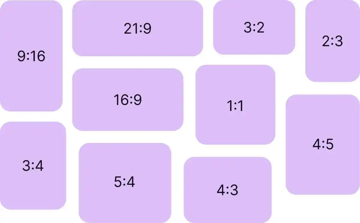 Multiple aspect ratio formats including 1:1, 4:3, 3:4, 9:16, 16:9, 4:5, 5:4, 3:2, 2:3, and 21:9